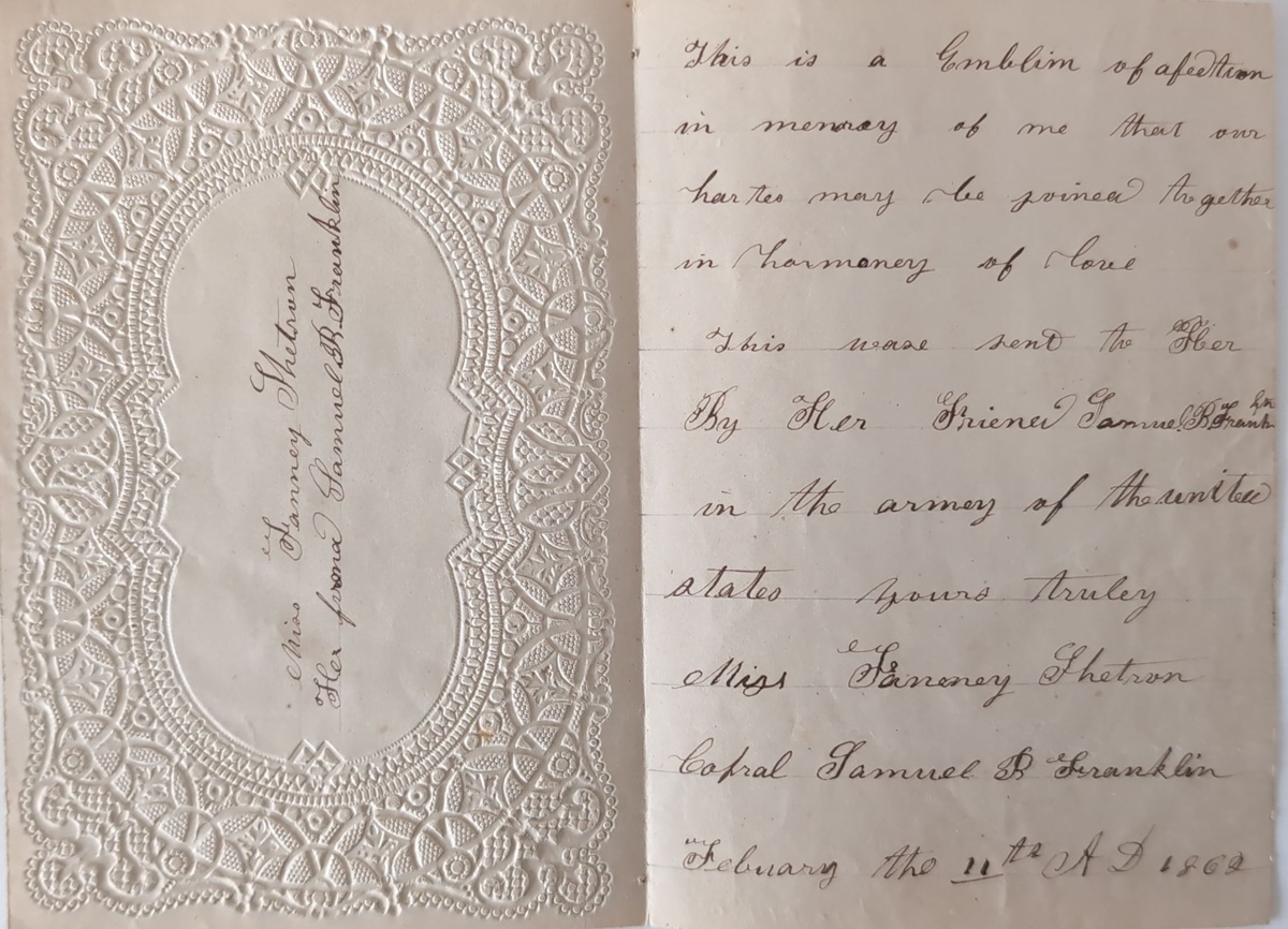 Valentine to Fanney Shetron from civil war soldier Samuel B. Franklin, February 11, 1862